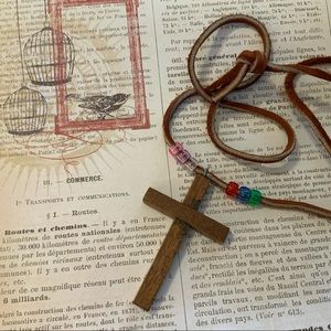 Wooden Cross on Leather Necklace with Beads